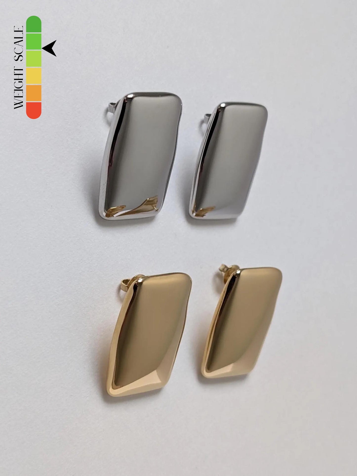 Side view comparison of gold and silver chunky rectangle stud earrings showing 5 mm depth and mirror‑polished finish.